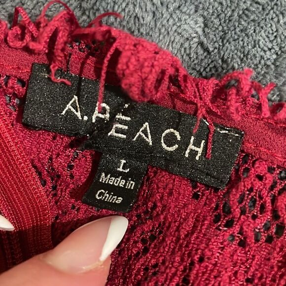 A. Peach red lace overlay high neck mini dress | size L - Picture 10 of 10